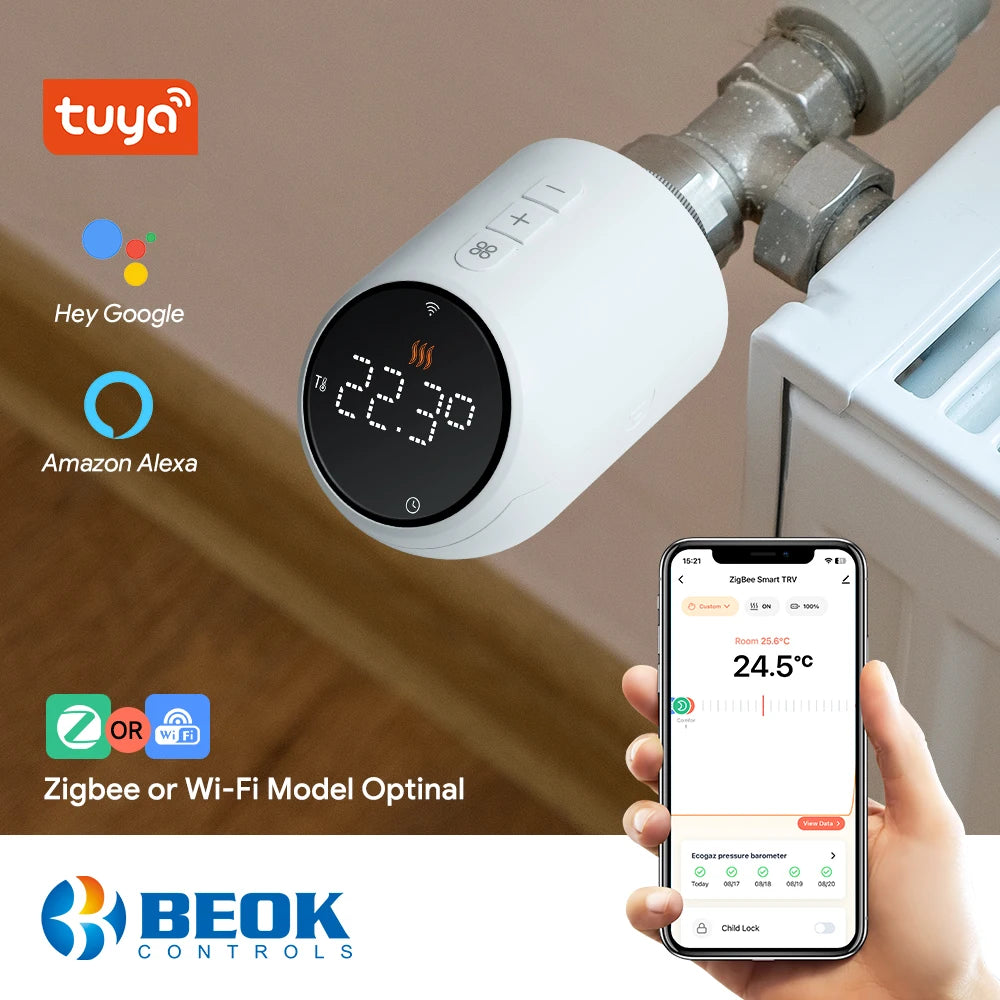 "Beok Tuya WiFi Radiator Thermostat Valve | Zigbee TRV Temperature Controller | Programmable Heating | Works with Google Home & Alexa"