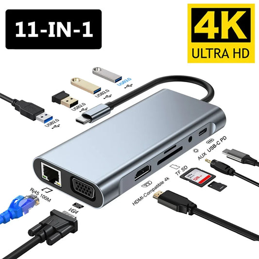 موزع USB C 4K 30Hz من النوع C إلى محول USB 3.0 متوافق مع HDMI 11 في 1 من النوع C HUB Dock PD 87W USB C Splitter لجهاز MacBook Pro Air