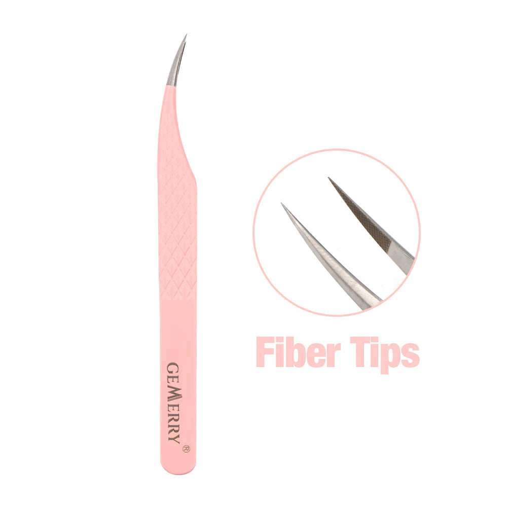 Gemerry 1 pcs Pink Stainless Steel Tweezers Eyelash Extensions High Precision Anti-static Tweezers with Fiber Tips Makeup Tools