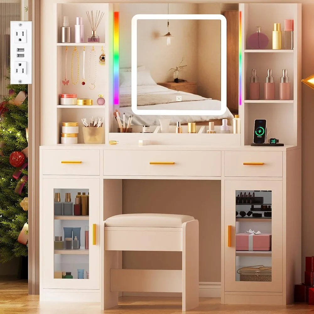 Vanity Desk with Mirror and Lights 3 Colors 43.3" Makeup Vanity with RGB Lights and Power Strip Large Vanity Set Dressing