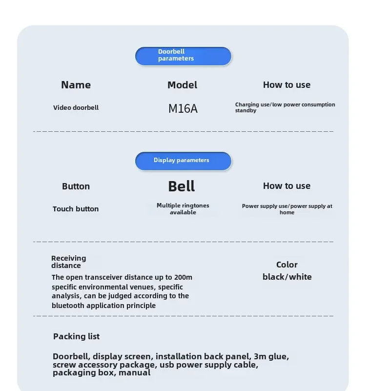 M16A 1080P wireless waterproof video doorbell 4.3-inch IPS screen Infrared Night vision doorbell Family Apartment 2.4G camera