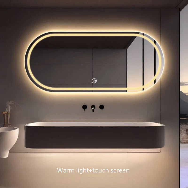 "Elliptical LED Bathroom Mirror | Anti-Fog, Wall-Mounted, 3-Color Lighting | Perfect for Hotels & Restrooms"