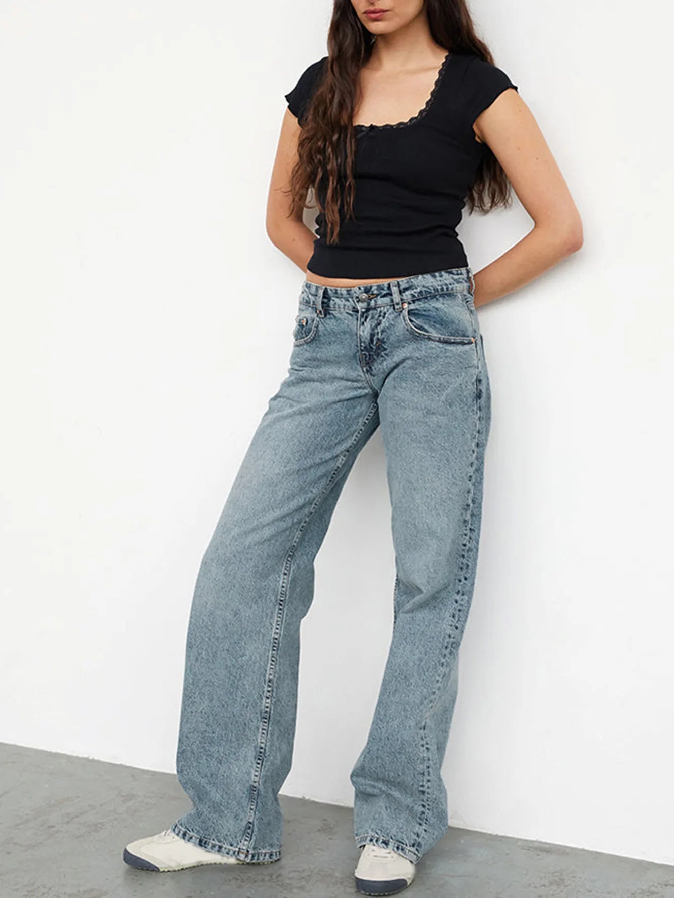 Jeans Women Denim Wide Leg Pant Floor Length Pants Splice Loose Casual Pockets High Waist Straight Trousers Autumn Winter