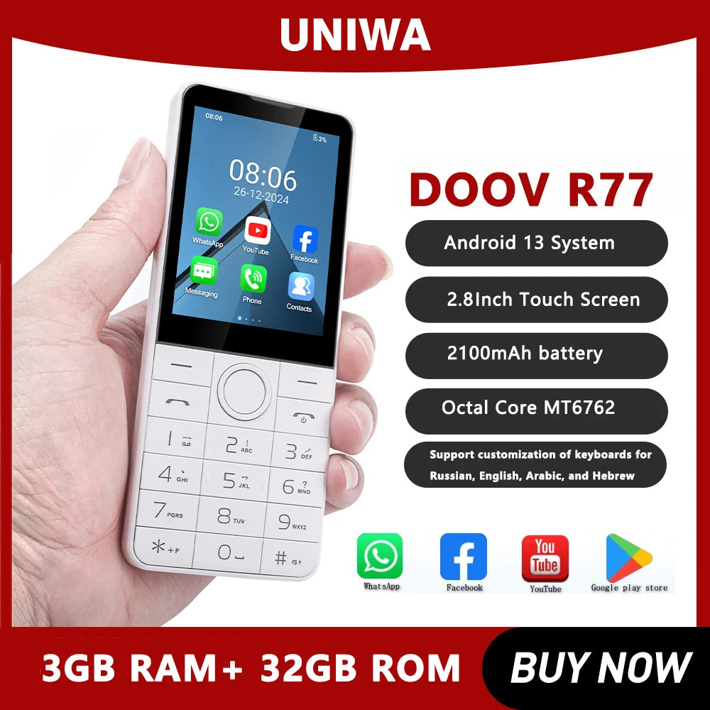 DOOV R77 4G Smart Touch Screen 2.8 Inch Keypad Mobile Phone without Camera 3GB+32GB 2100mAh Android 13 Whatsapp Hebrew keyboard