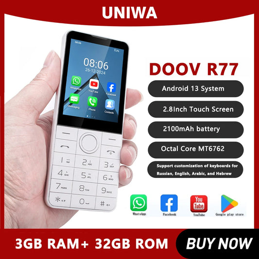 هاتف محمول ذكي DOOV R77 4G بشاشة لمس 2.8 بوصة ولوحة مفاتيح بدون كاميرا 3 جيجابايت + 32 جيجابايت 2100 مللي أمبير في الساعة يعمل بنظام أندرويد 13 ولوحة مفاتيح عبرية لتطبيق واتساب