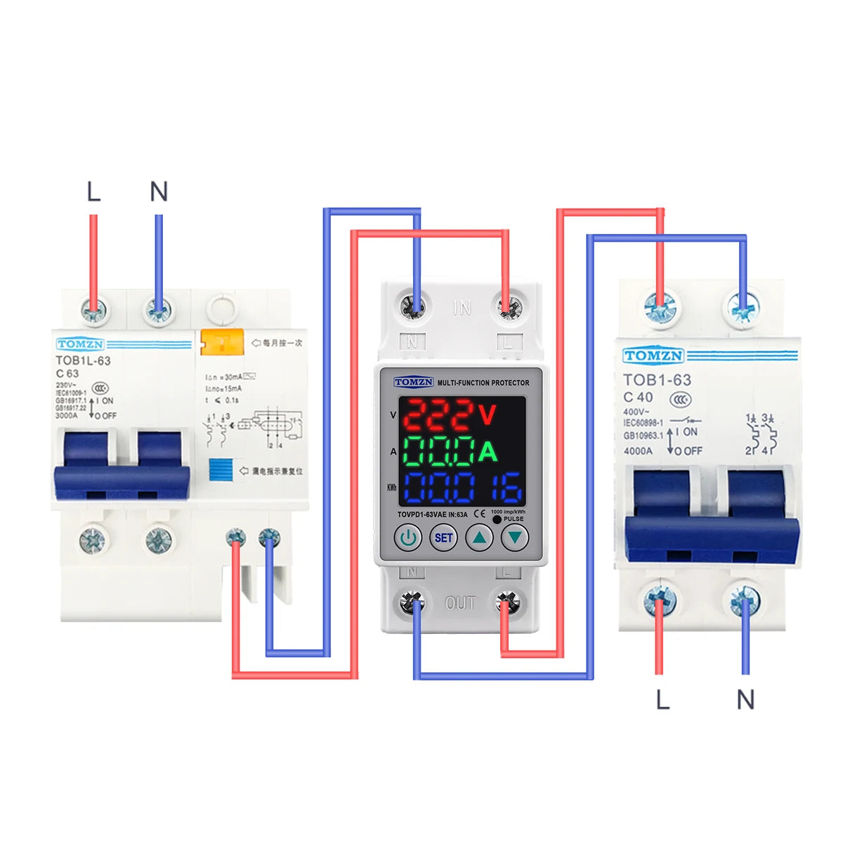 "TOMZN 63A 230V Din Rail Voltage Protector | Adjustable Over/Under Voltage Relay with Current Protection & Energy Meter"