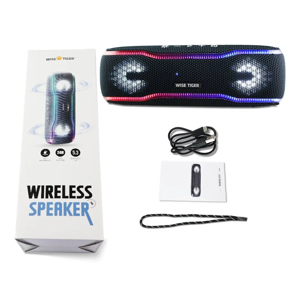 WISETIGER Speaker Outdoor Portable IPX7 Waterproof Sound Box BT5.3 Louderspeaker Stereo with 25W Colorful Light Surround Speaker