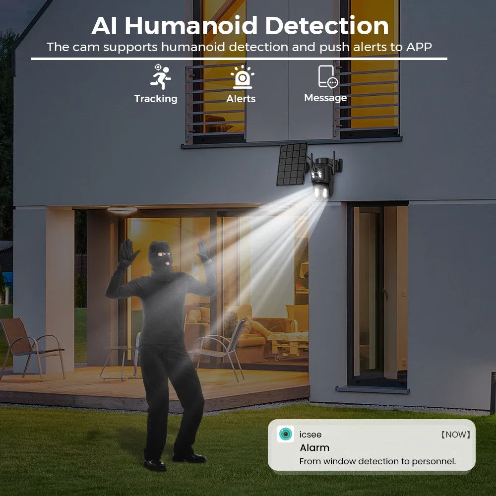 4k 8MP WIFI Solar Camera With 7800 mAh Battery Dual Lens Wireless PTZ Camera Color Night Vision Security Surveillance ICSEE