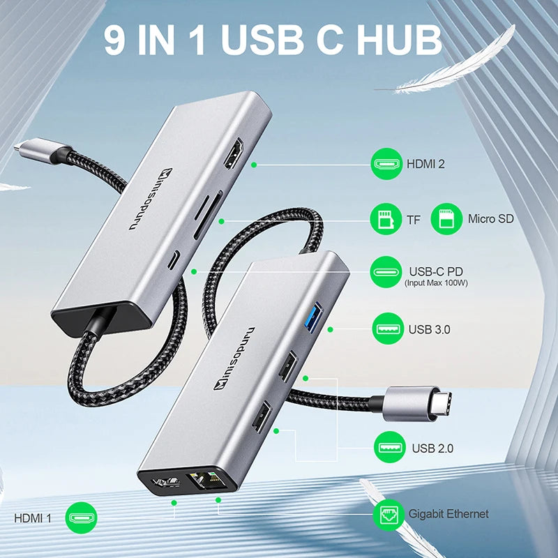 "9-in-1 USB-C Docking Station for Dual Monitors | 4K@60Hz Display, RJ45, PD100W, SD/TF Slots | Multiport Adapter for MacBook Pro"