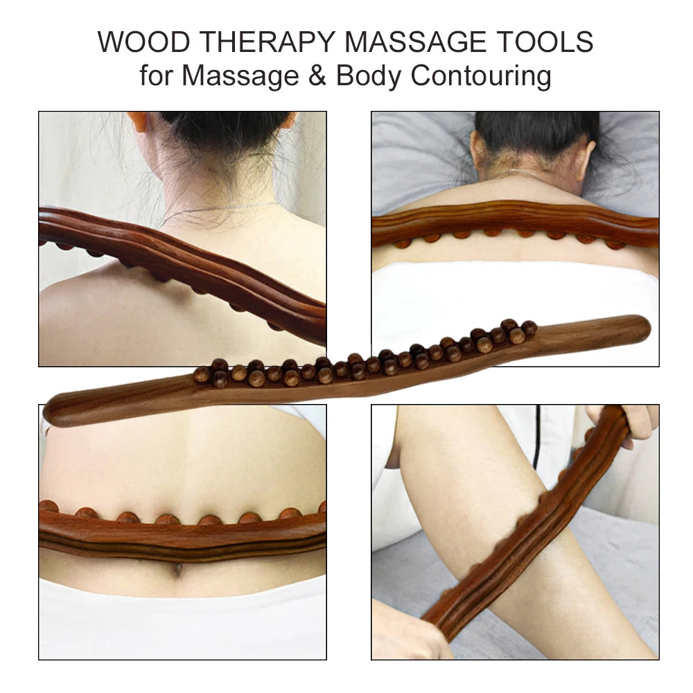 Guasha Wood Stick Tool Wooden Therapy Scraping Lymphatic Drainage Massager Double Row 31/20 Beads Point Back Pain Relief Roller