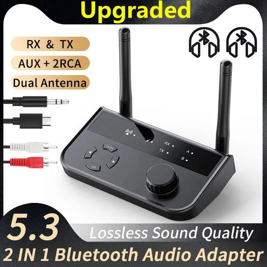 "2-in-1 Bluetooth 5.3 Audio Receiver & Transmitter | 3.5mm AUX & RCA Stereo Wireless Adapter for TV, Car, PC, & Headphones"