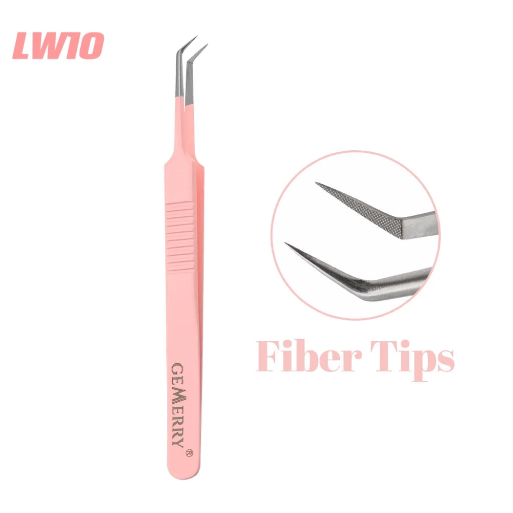 Gemerry 1 pcs Pink Stainless Steel Tweezers Eyelash Extensions High Precision Anti-static Tweezers with Fiber Tips Makeup Tools