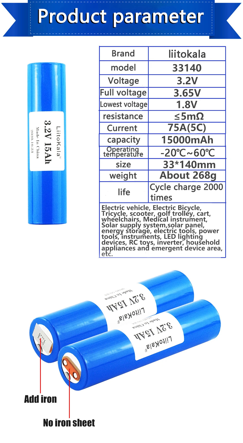 1-6pcs LiitoKala 33140 3.2v 15Ah lifepo4 lithium batteries 3.2V Cells for diy 12v 24v e bike e-scooter power tools Battery pack