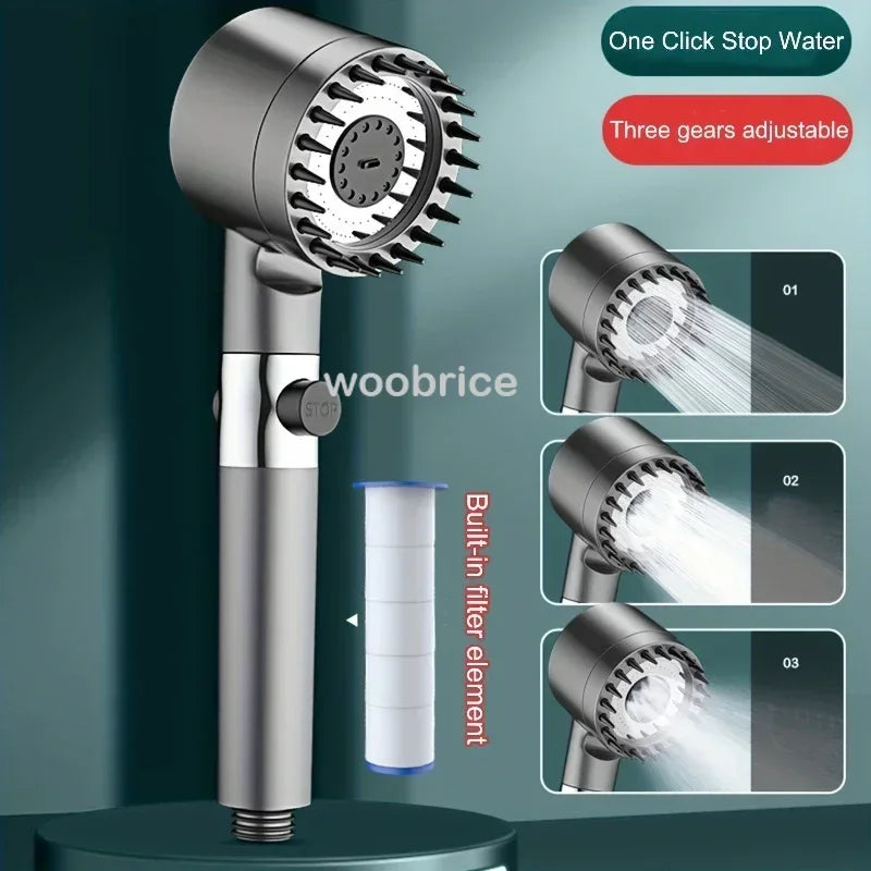 "High-Pressure Shower Head with 3 Modes | Strong Current, Shower Filter, and Massage Brush | Ideal for Bathroom Showers"