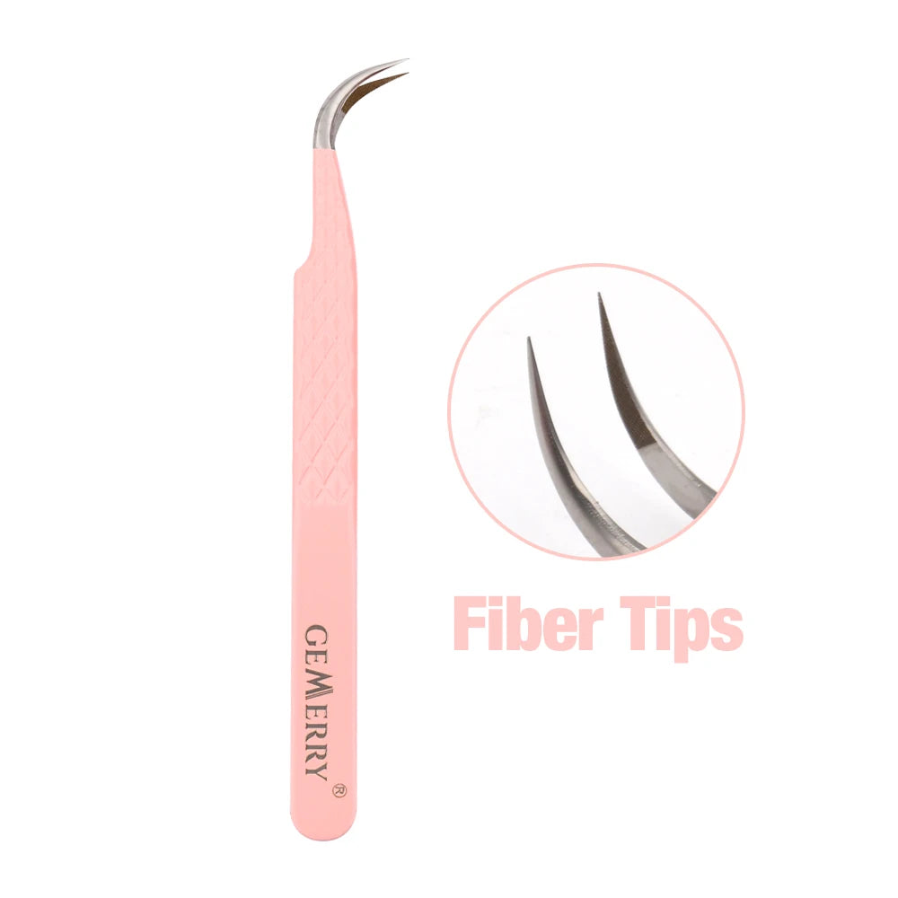 Gemerry 1 pcs Pink Stainless Steel Tweezers Eyelash Extensions High Precision Anti-static Tweezers with Fiber Tips Makeup Tools