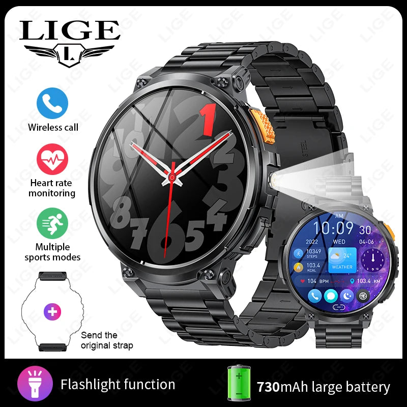 "LIGE Smart Watch for Men | Flashlight, BT Call, Fitness & Health Monitor | 730mAh Battery, Compatible with Android & iOS"