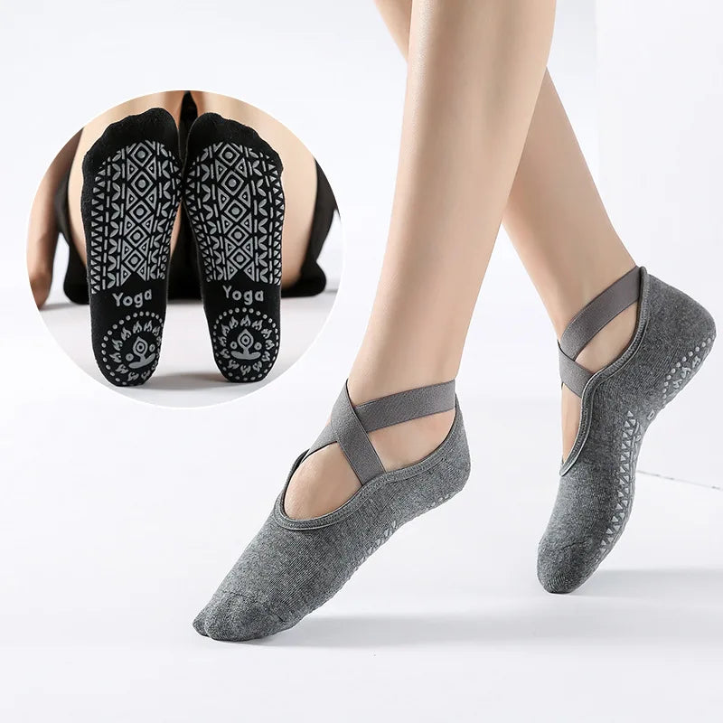 Bandage Yoga Socks for Women Pilates Ballet Dance Cotton Socks Non-Slip Woman Sport Sock Gym Workout Slipper Running Grip Sock