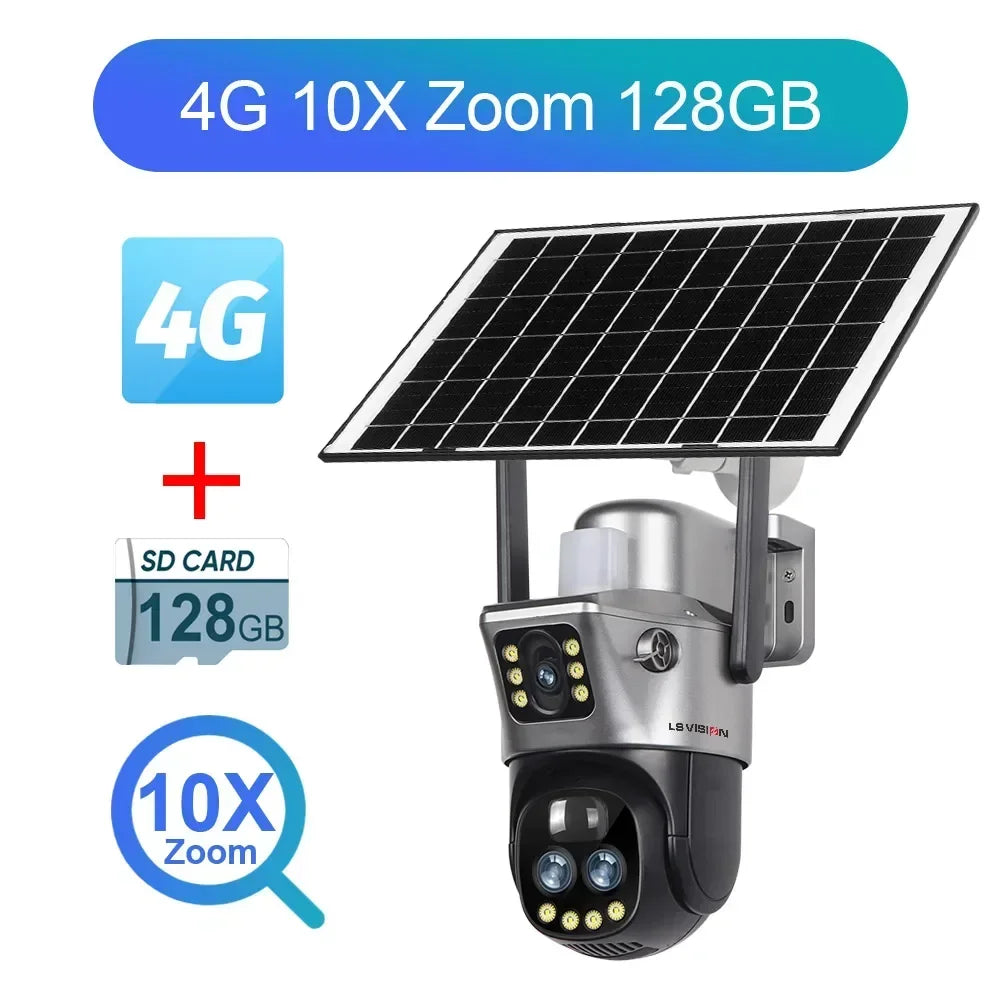 LS VISION 6K 12MP 10X Zoom 4G Solar Camera Outdoor WiFi PTZ Dual Screen Red Blue Light Alarm Auto Tracking Surveillance Cameras