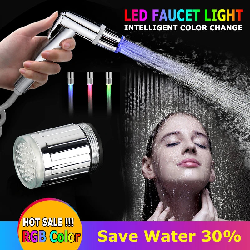 Kitchen LED Temperature Sensitive Light-up Faucet Aerator Tap Nozzle Shower Bathroom Glow Water Saving Power Faucet Kit 3 Colors