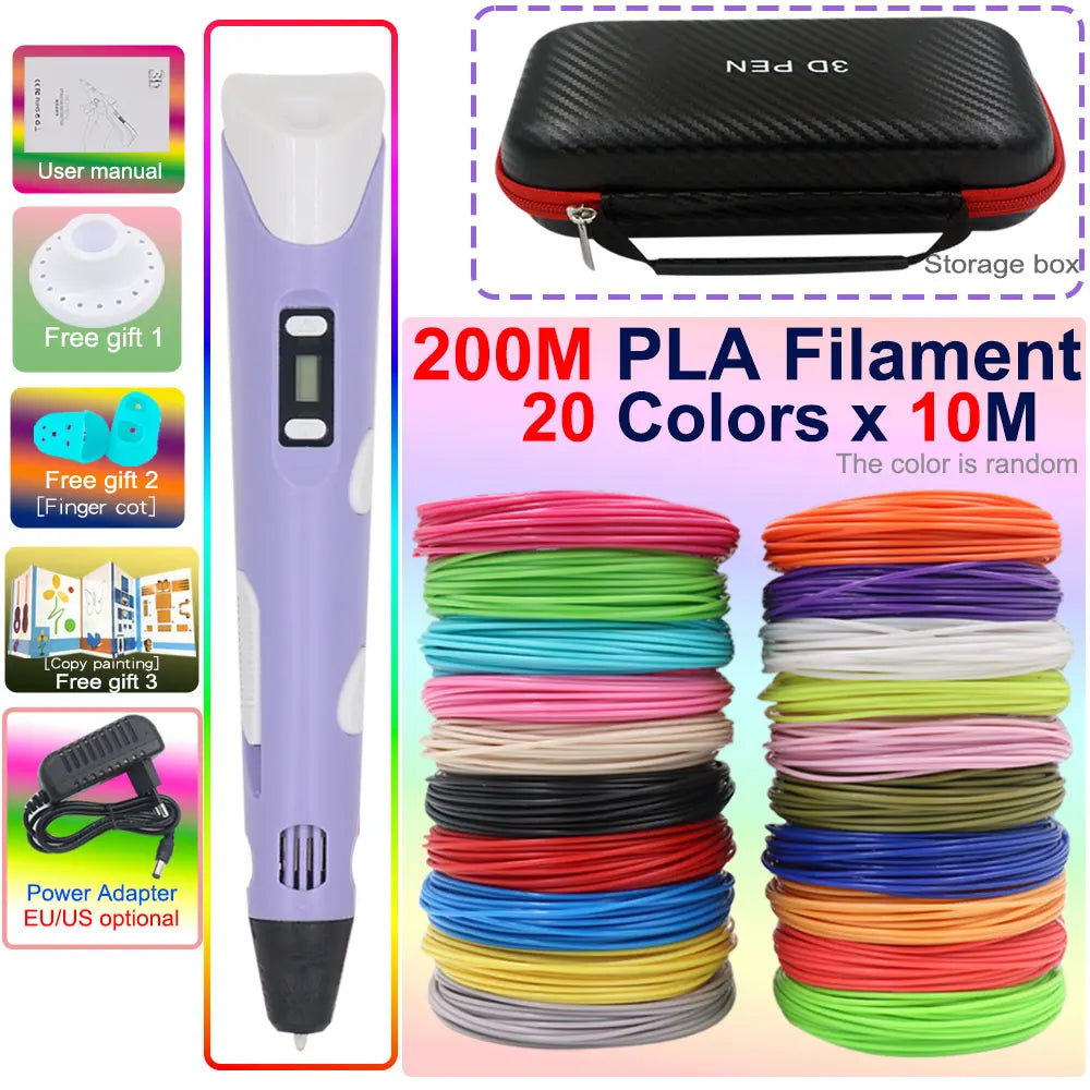 Novel Creative Children's 3D Printing Pen with LCD Display PLA Filament Power Adapter Travel Box Kids Christmas Birthday Gift