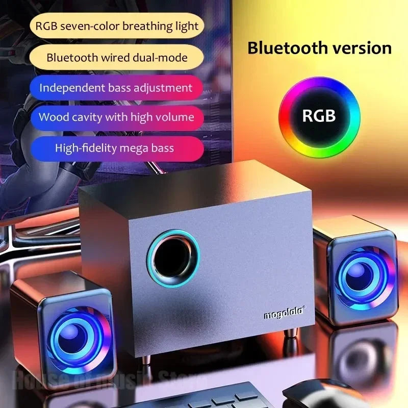 Computer Gaming Speakers PC Sound HIFI Stereo USB Wired With LED RGB Light Strong Bass 2.1 Boombox Wooden Bluetooth Subwoofer