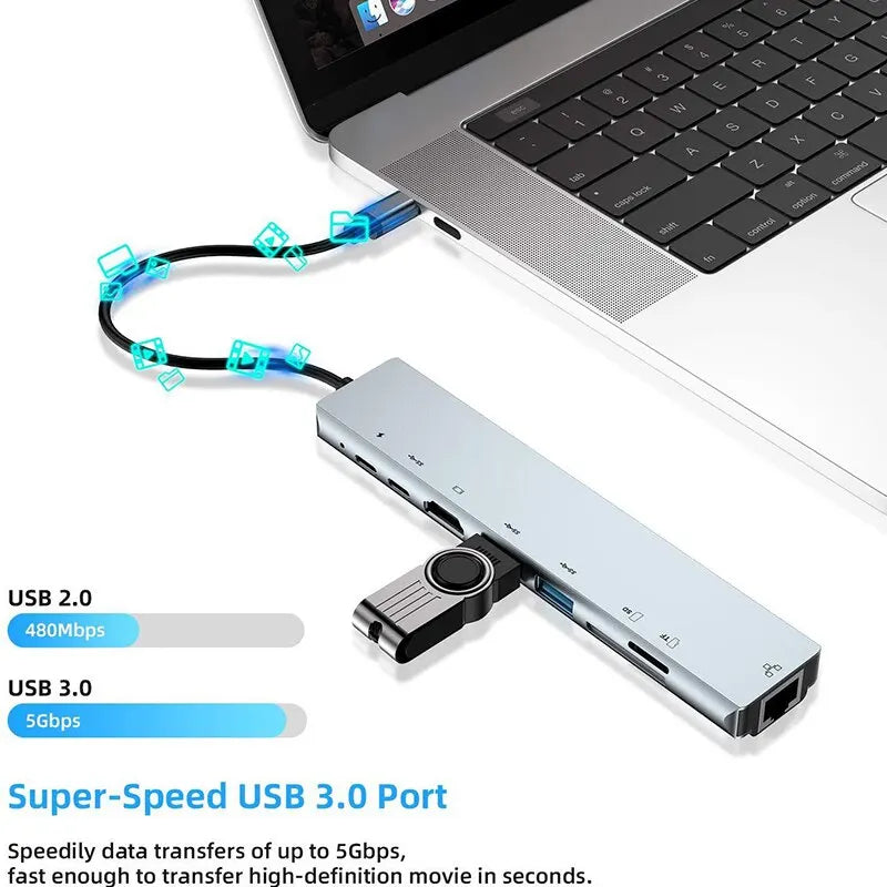 8in1 USB C HUB Type C Splitter 4K Thunderbolt 3 Docking Station Laptop Adapter For Macbook Air M1 iPad Pro RJ45 HDMI Computer