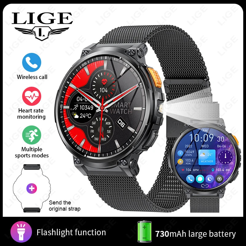 "LIGE Smart Watch for Men | Flashlight, BT Call, Fitness & Health Monitor | 730mAh Battery, Compatible with Android & iOS"