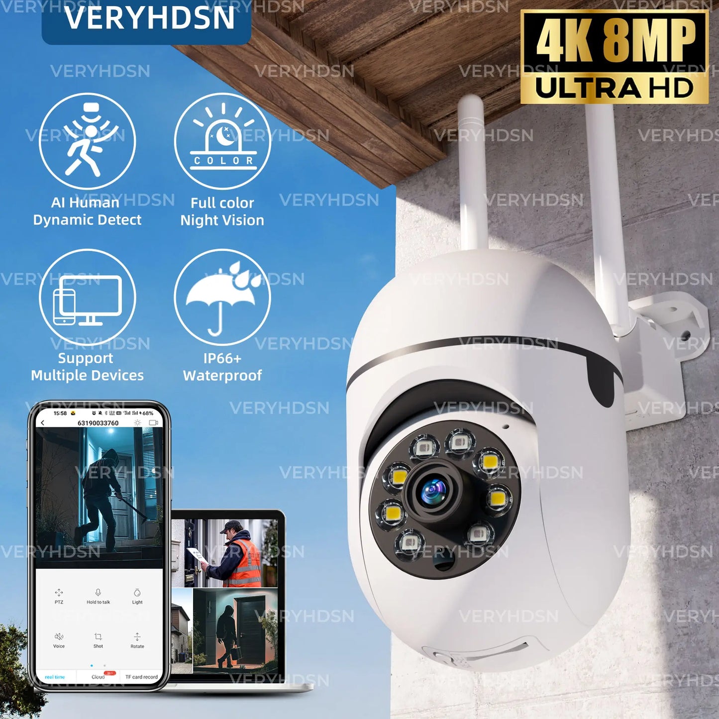 8MP Wifi IP Outdoor Wireless Security Surveillance PTZ Camera 4X Zoom Cameras AI Human Tracking Two-way Audio HD Night Color Cam