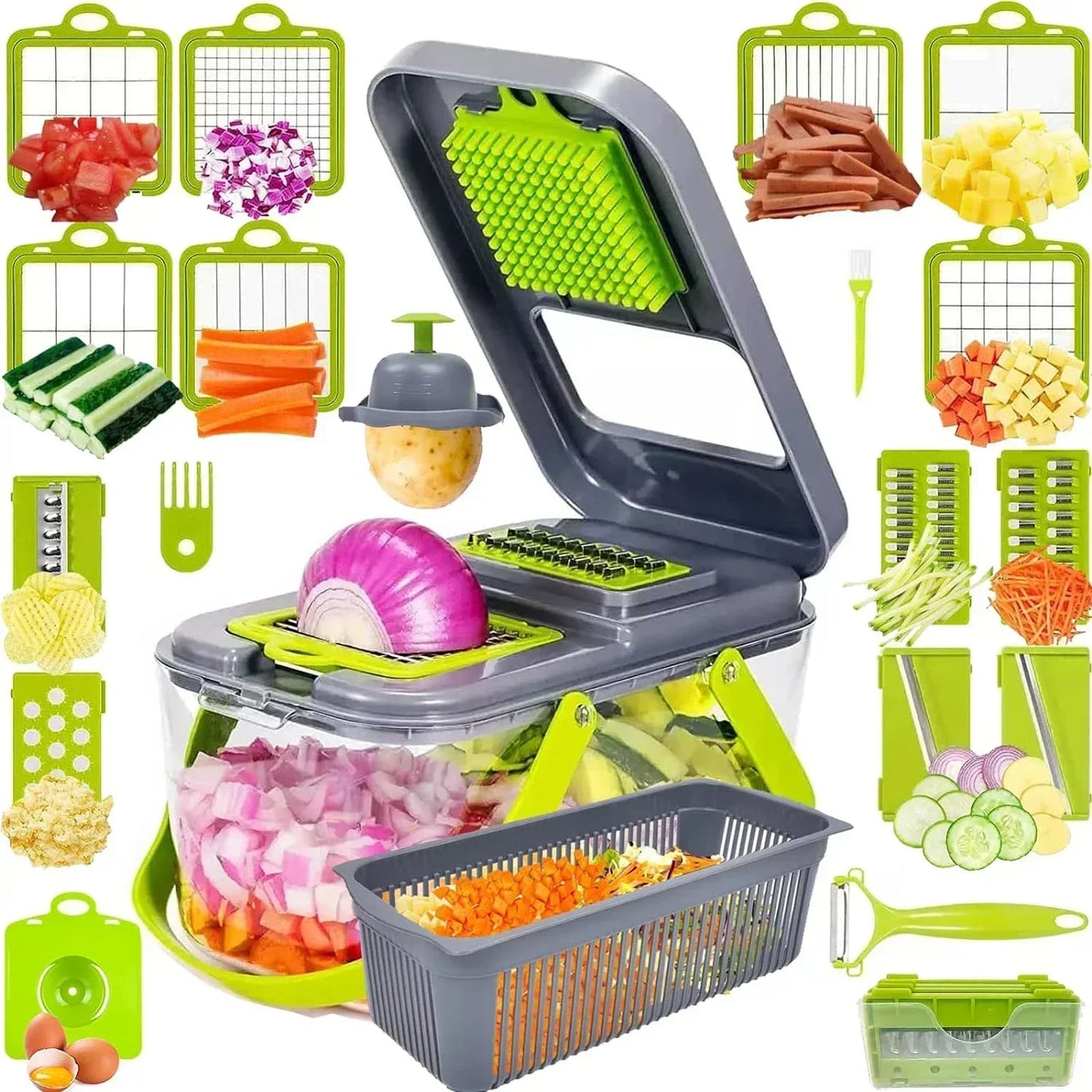 12/22 in 1 Multifunctional Vegetable Cutter Manual Food Chopper Potato Shredder Vegetable Slicer with Container Kitchen Gadget