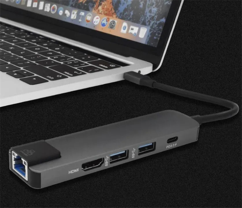 5 in 1 USB Type C to HDMI 4K USB C Hub 3.0 to Gigabit 100M Ethernet Rj45 Lan Adapter for Macbook Pro Thunderbolt 3 Charger Port