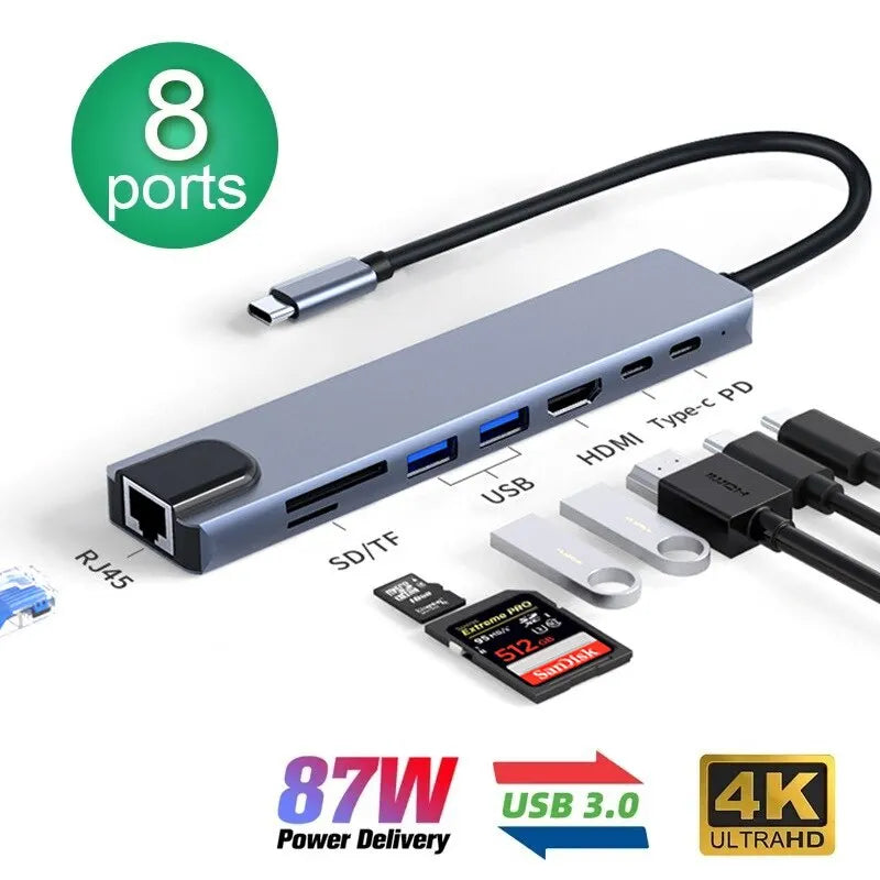 8in1 USB C HUB Type C Splitter 4K Thunderbolt 3 Docking Station Laptop Adapter For Macbook Air M1 iPad Pro RJ45 HDMI Computer