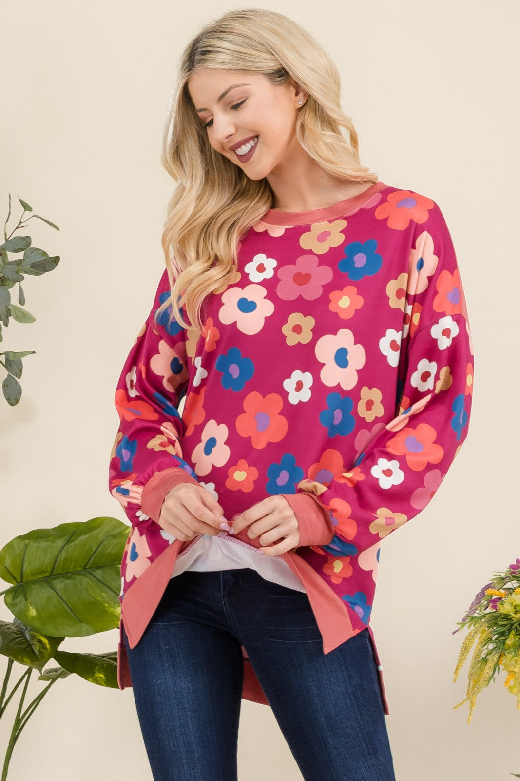 Celeste Full Size Side Slit Flower Print Long Sleeve Top - Smart Shopper