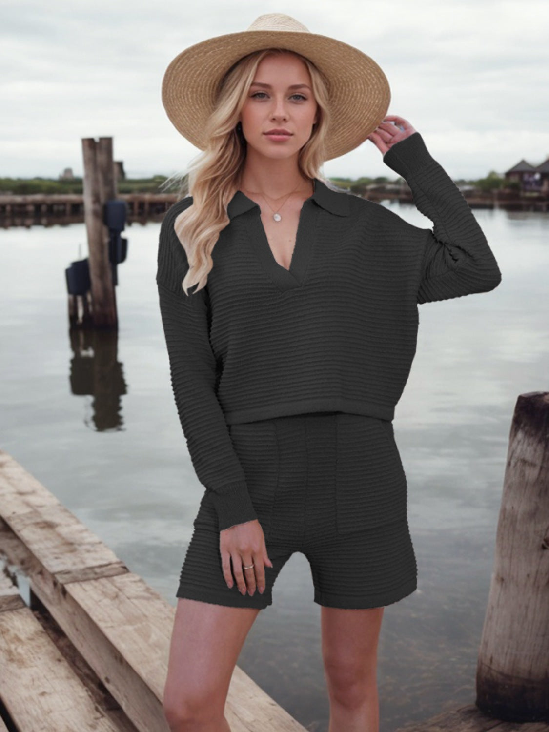 Johnny Collar Long Sleeve Top and Shorts Sweater Set - Smart Shopper