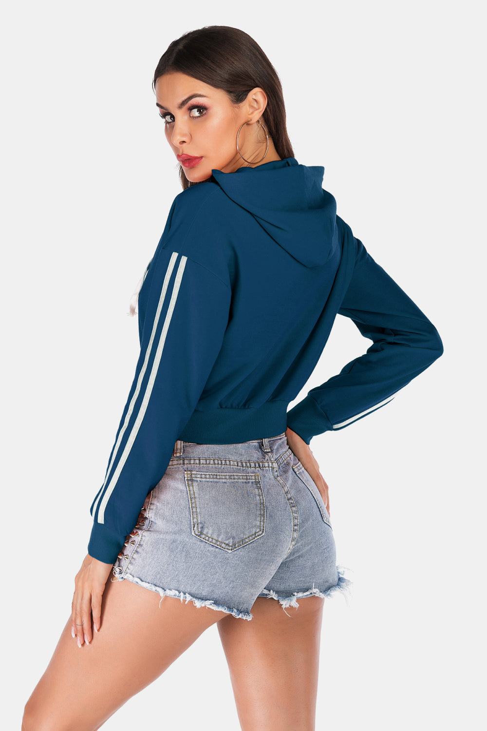 Perfee Side Stripe Drawstring Cropped Hooded Jacket - Smart Shopper