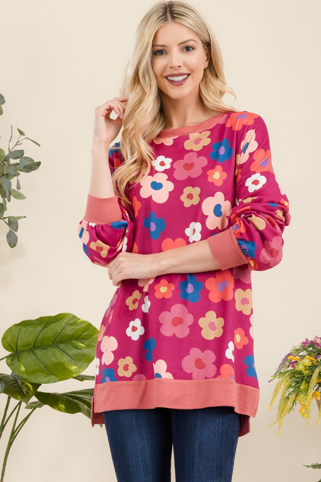 Celeste Full Size Side Slit Flower Print Long Sleeve Top - Smart Shopper