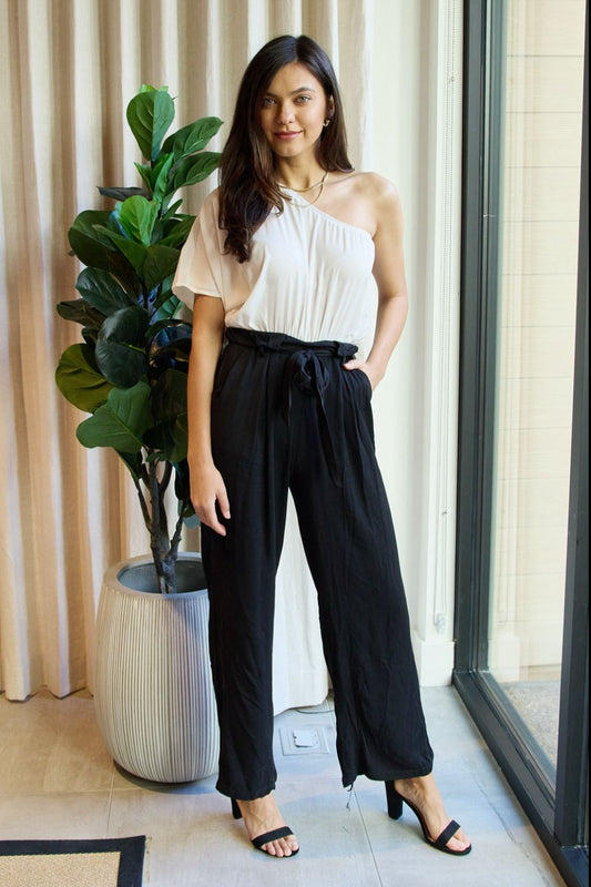 Dress Day Marvelous in Manhattan One-Shoulder Jumpsuit in White/Black - Smart Shopper