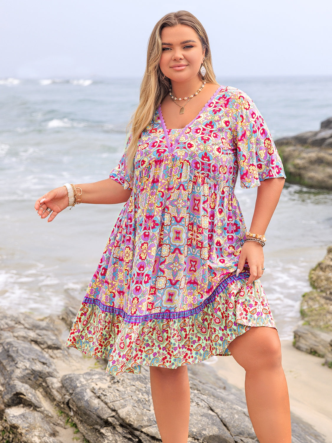 Plus Size Lace Detail Printed Half Sleeve Dress - Smart Shopper