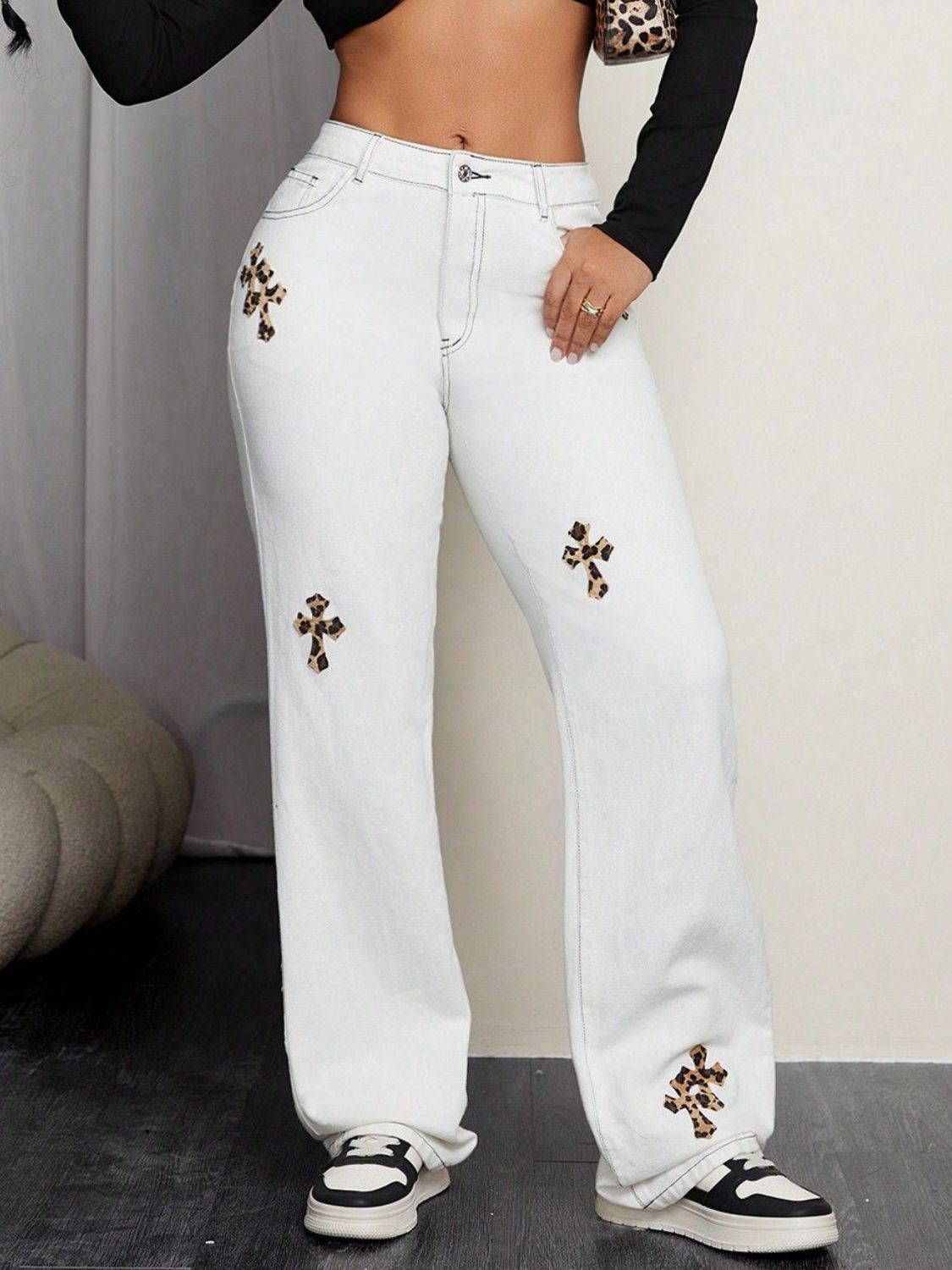 Leopard Cross Detail Straight Leg Jeans - Smart Shopper