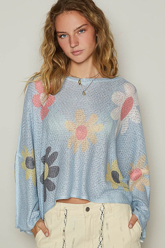 POL Flower Dropped Shoulder Long Sleeve Knit Top - Smart Shopper