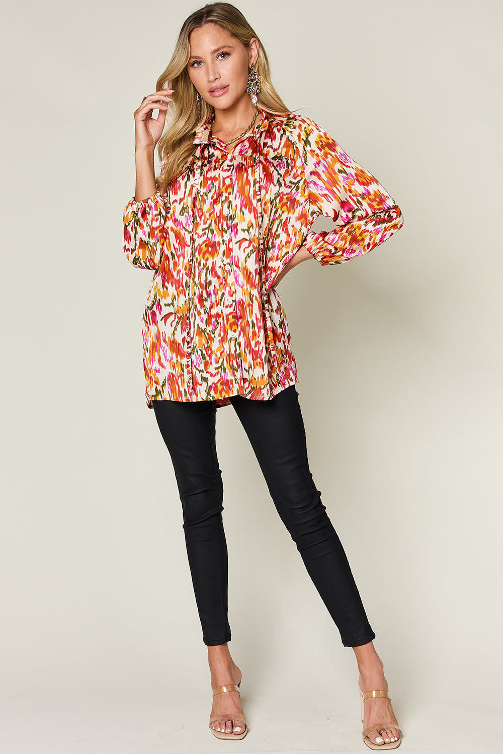 Double Take Full Size Printed Button Up Long Sleeve Shirt - Smart Shopper