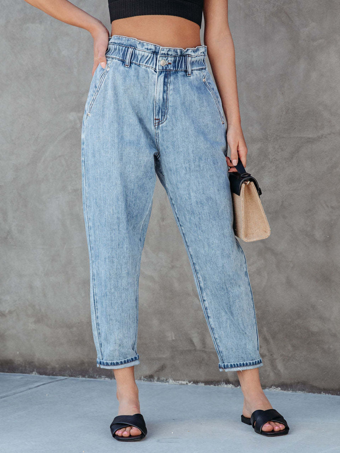 Washed Paperbag Waist Cropped Jeans - Smart Shopper