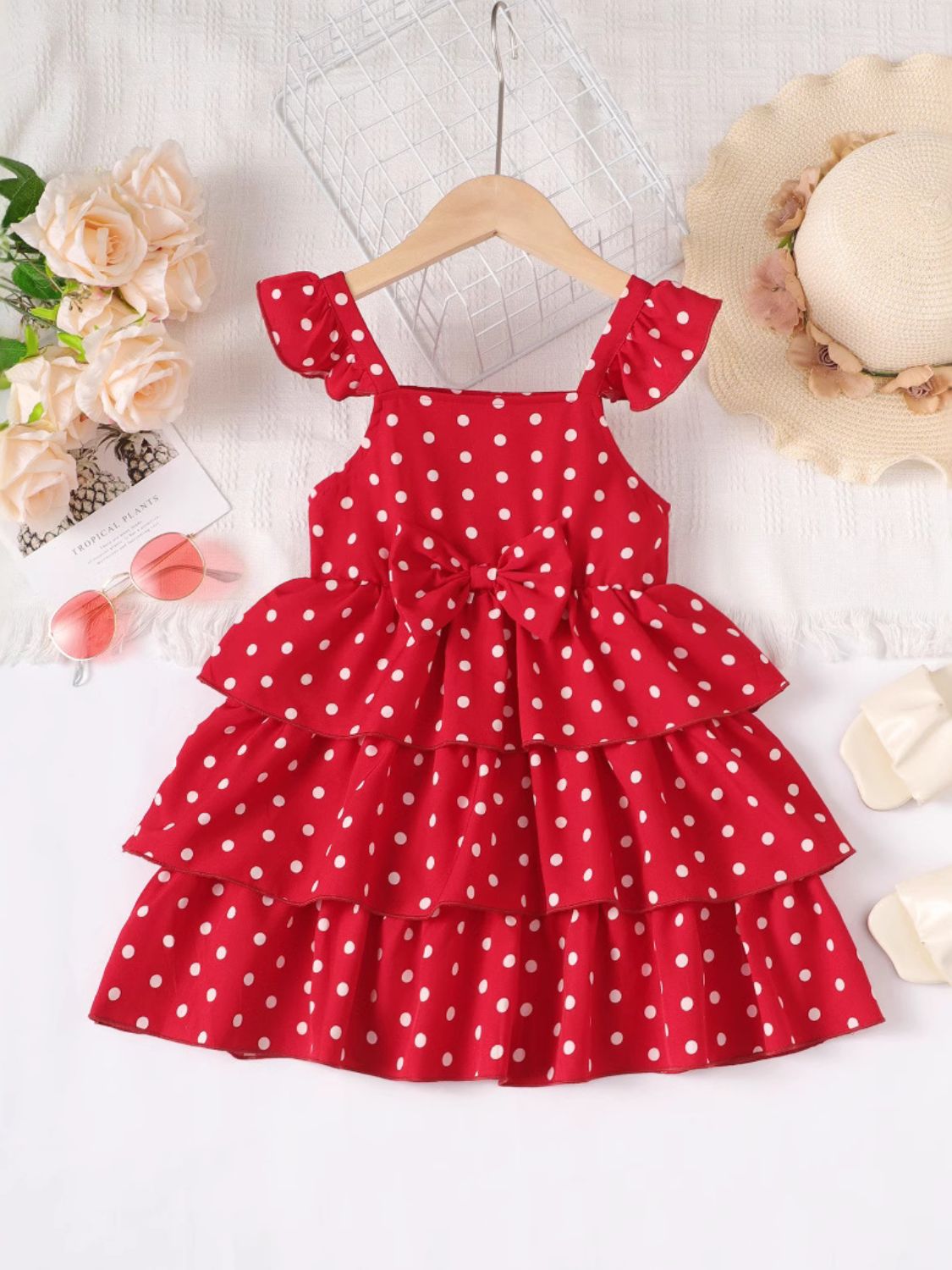 Bow Polka Dot Square Neck Layered Dress - Smart Shopper