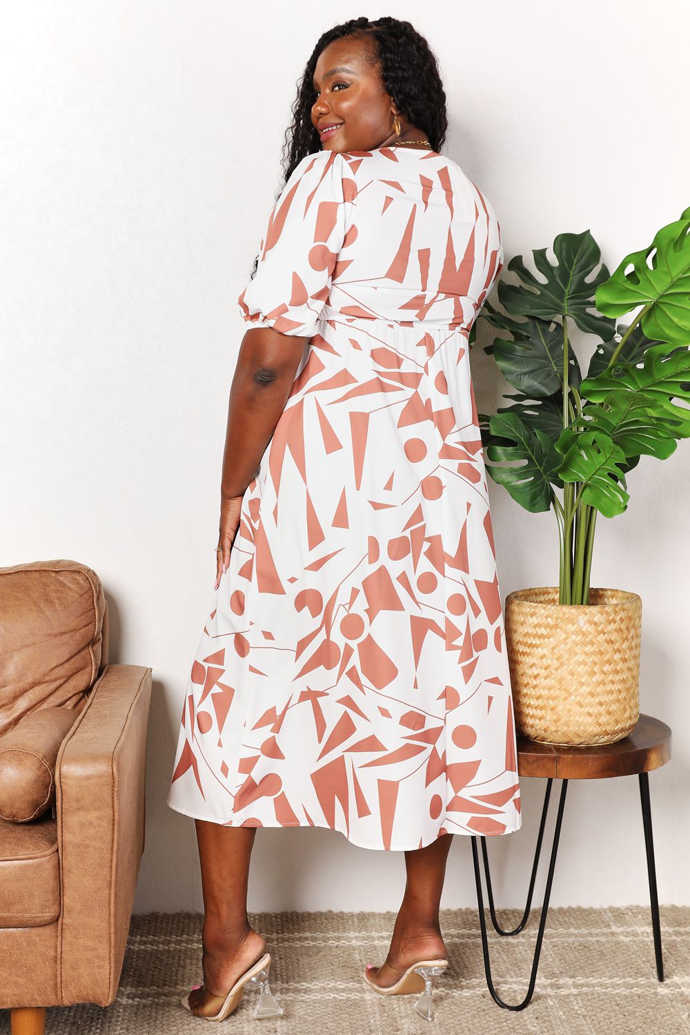 Printed Surplice Balloon Sleeve Dress - Smart Shopper