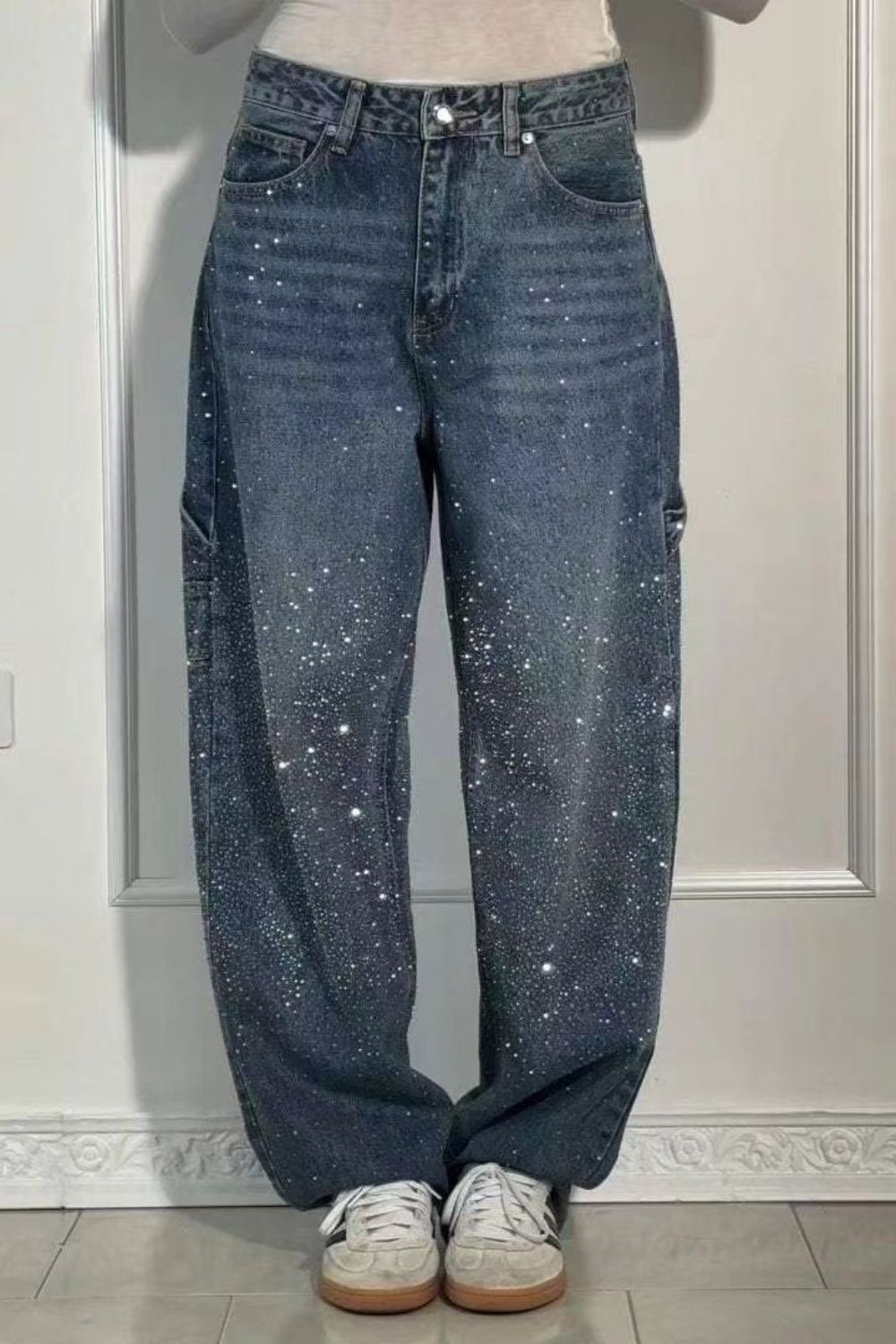 Full Size Washed Rhinestone Detail Wide leg Jeans Plus Size - Smart Shopper