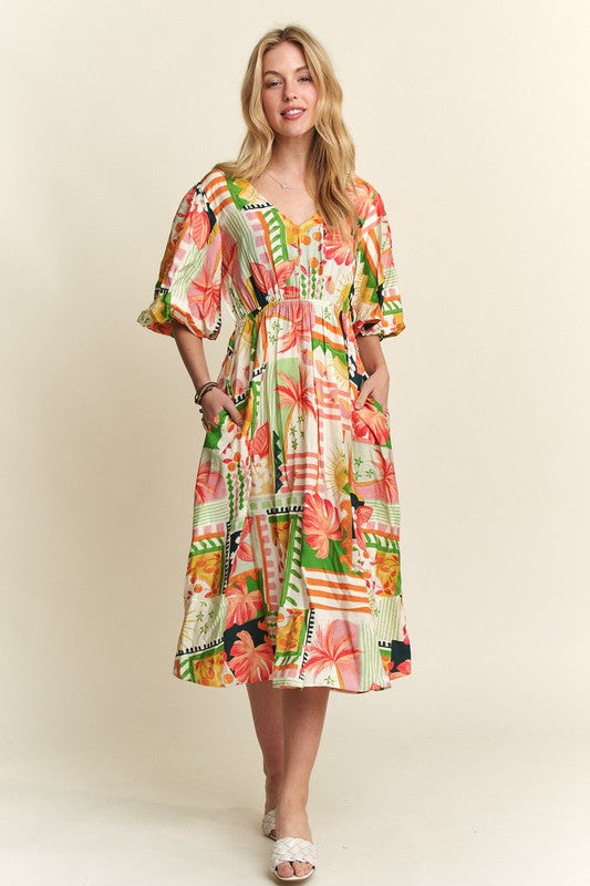 ADORA Floral V-Neck Puff Sleeve Midi Dress - Smart Shopper