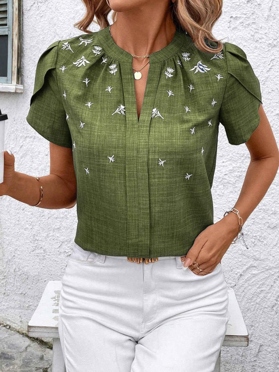 Floral Notched Short Sleeve Blouse - Smart Shopper