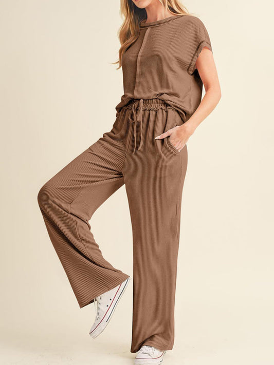 Ribbed Exposed Seam Top and Pants Set - Smart Shopper