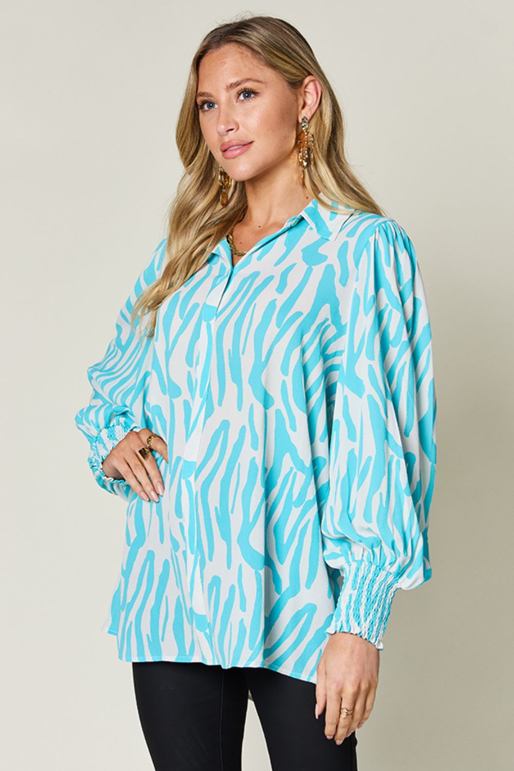 Double Take Full Size Printed Smocked Long Sleeve Blouse - Smart Shopper