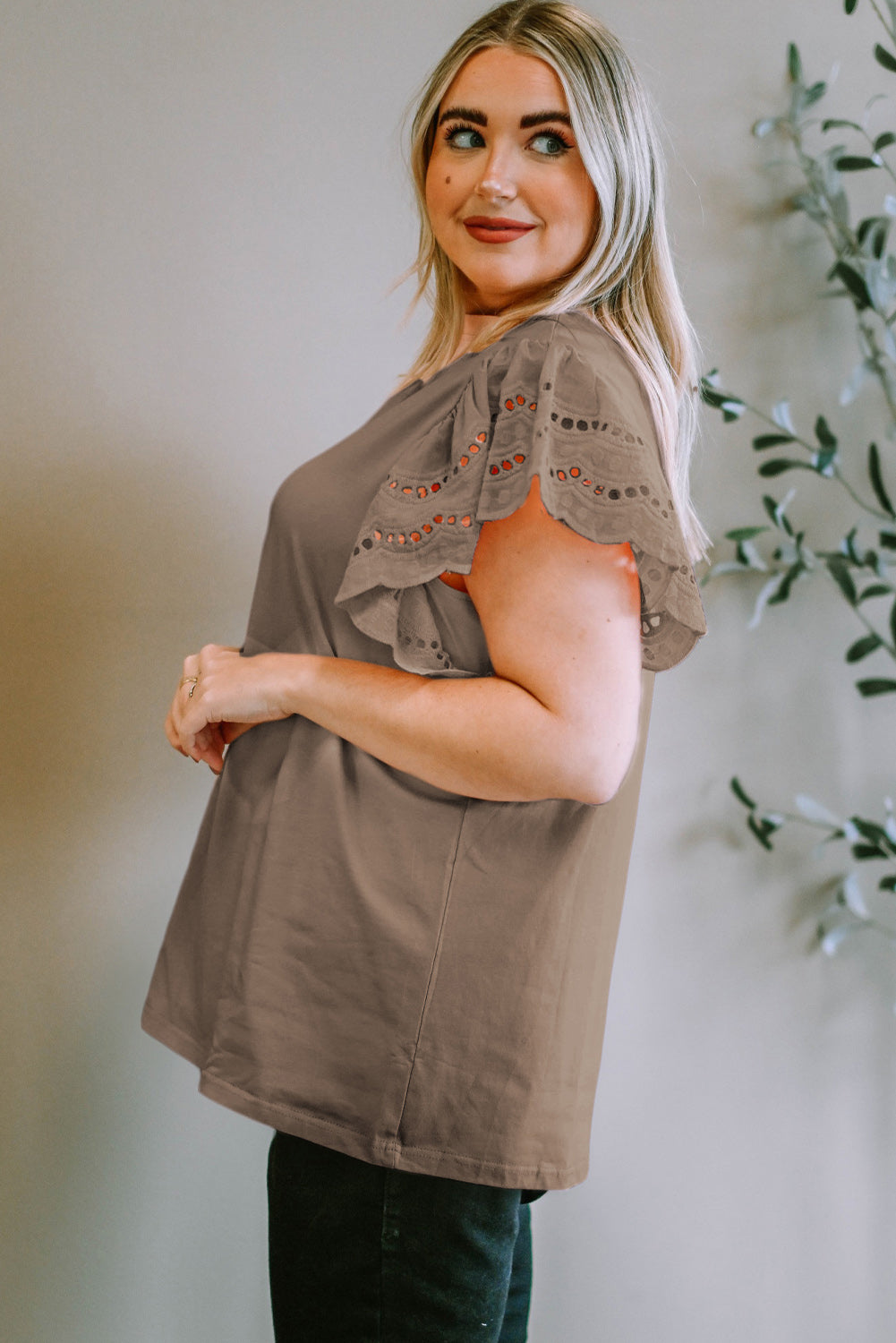 Plus Size Eyelet Round Neck Short Sleeve Blouse - Smart Shopper