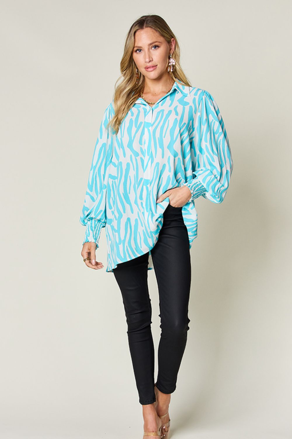 Double Take Full Size Printed Smocked Long Sleeve Blouse - Smart Shopper